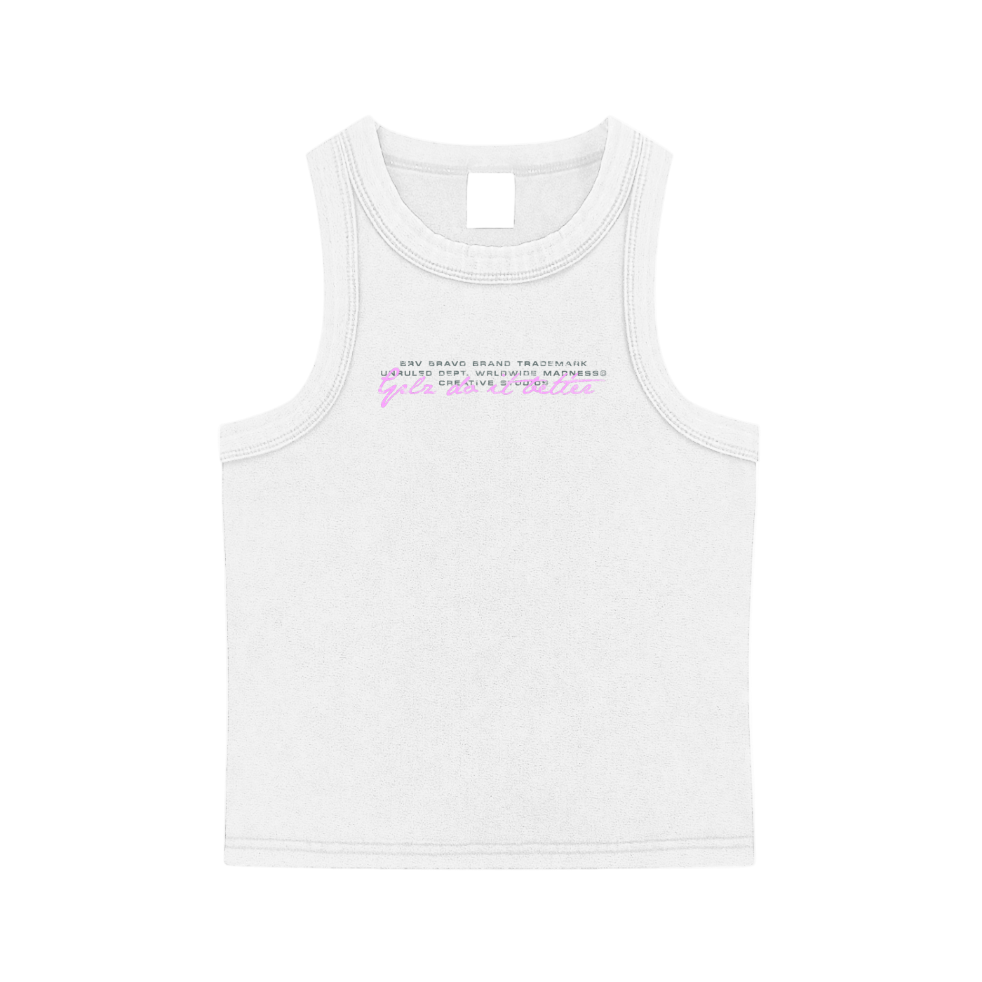 White tank top with text on a white background