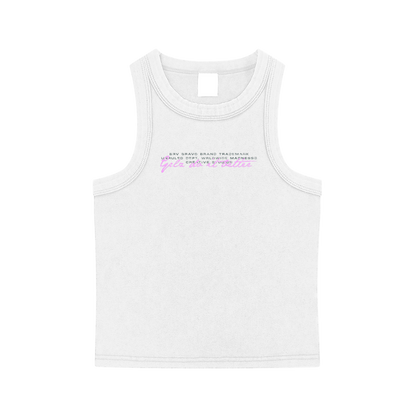 White tank top with text on a white background