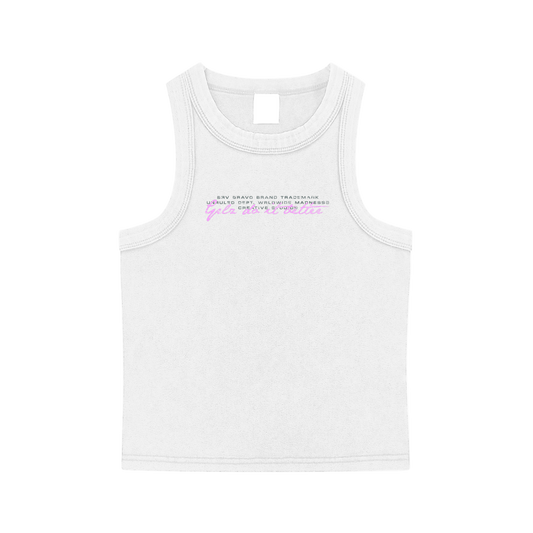 White tank top with text on a white background
