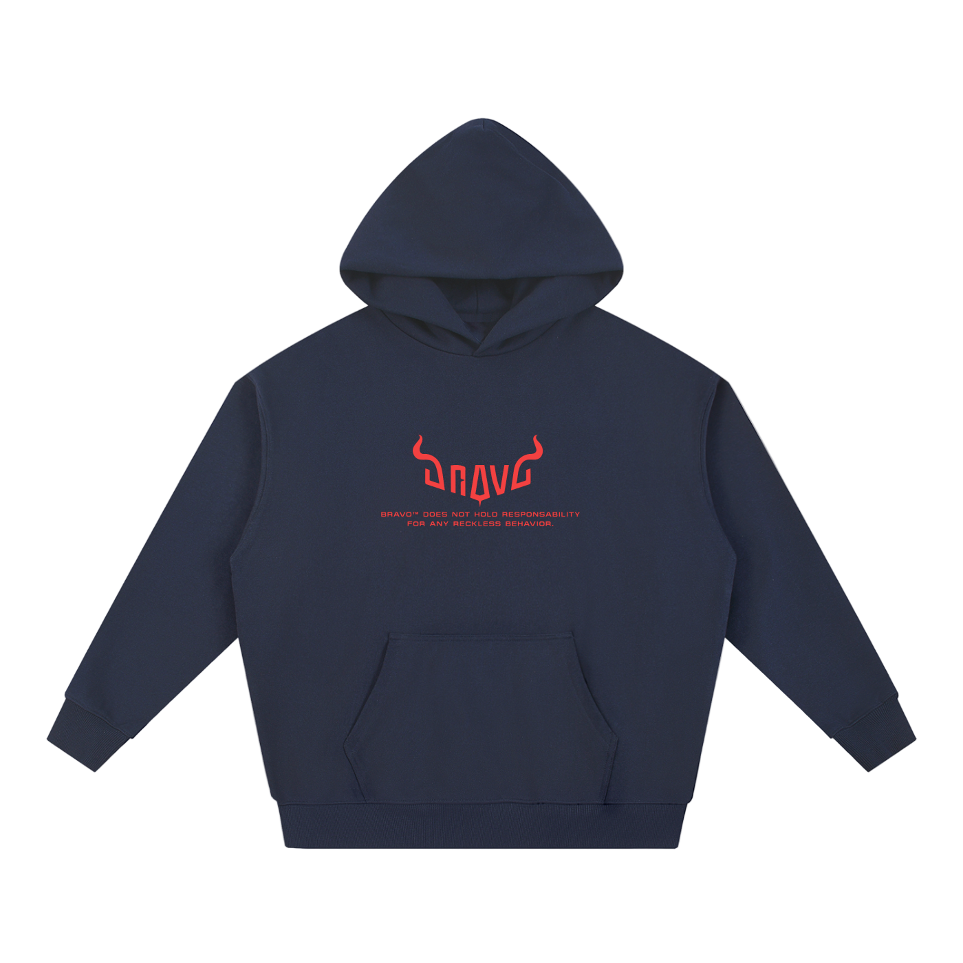 Navy blue hoodie with red logo on a white background