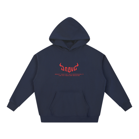 Navy blue hoodie with red logo on a white background