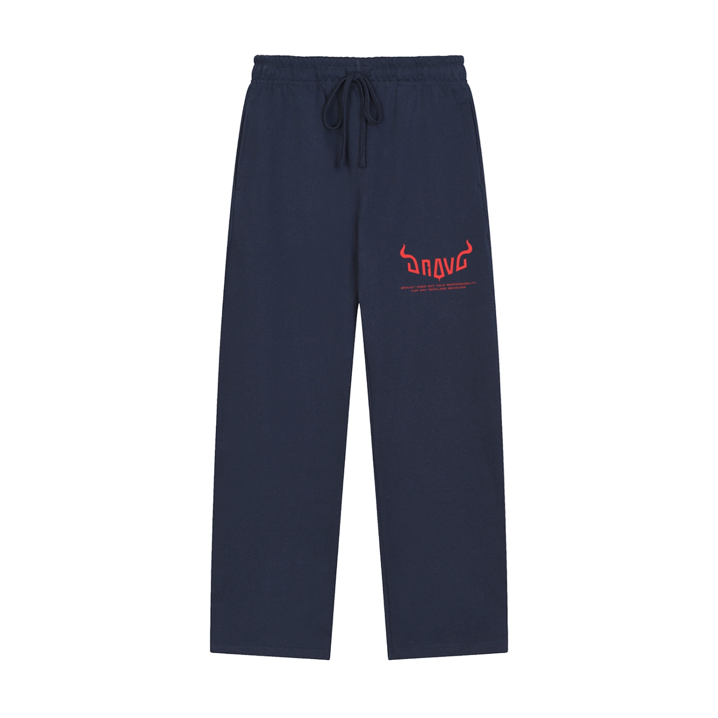 Navy blue sweatpants with a red logo on a white background