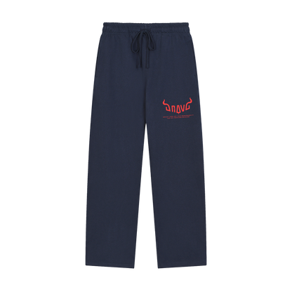 Navy blue sweatpants with a red logo on a white background