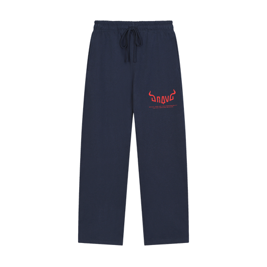 Navy blue sweatpants with a red logo on a white background